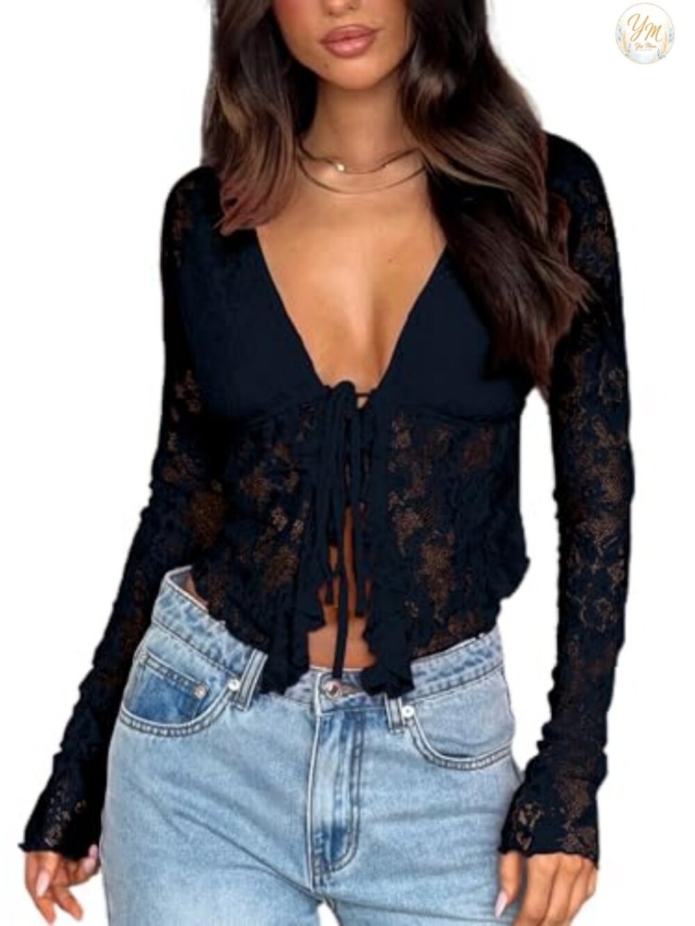Women's Long Sleeve Tie Front Ruffle Trim Mesh Lace Crop Top